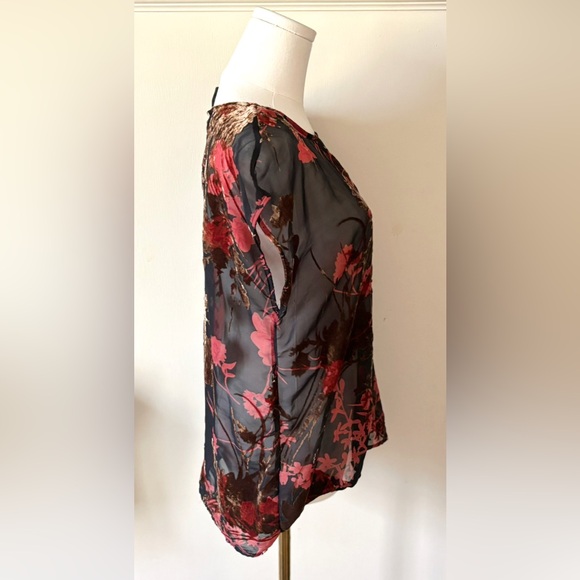 Earth Tone Sheer Black Velvety Burnout Floral Whimsigoth 90s Style Blouse Top - Picture 7 of 14